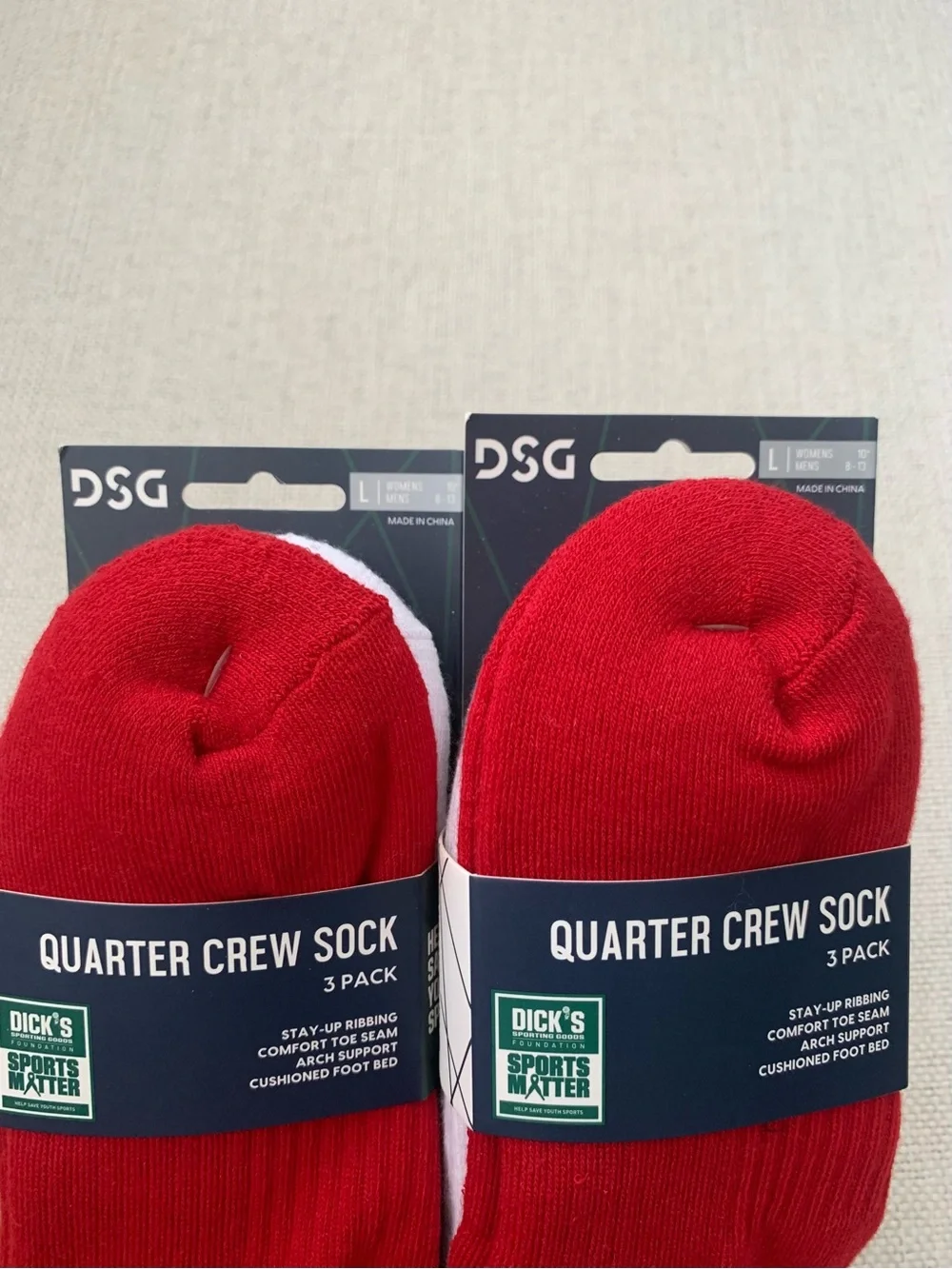 New DSG 6 Pairs Quarter Crew Socks - Red White Gray Unisex Large